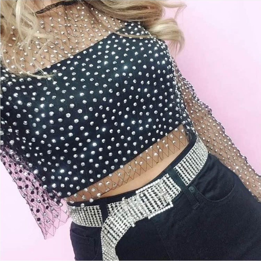 BNWT Embellished rhinestone mesh top in black, Size S